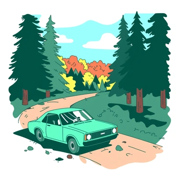 A car driving through a dense pine forest mixed with brightly colored deciduous trees