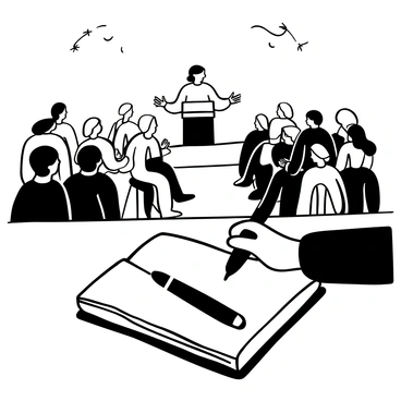 A hand holding a fountain pen is poised above an open journal, capturing notes on a blank page. The journal is placed on a wooden surface, with its pages slightly curled. In the background, rows of people are seated, engaged in a lively sermon, with some individuals gesturing and others leaning forward in attention. A podium is visible where the speaker stands, passionately addressing the audience. The atmosphere suggests an intense moment of focus and enthusiasm.