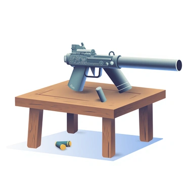 A vintage World War I machine gun is positioned prominently on a rustic wooden table. The machine gun features a dark metallic body with intricate engravings and details, showcasing its historical craftsmanship. Its barrel is long and cylindrical, with a slightly worn finish reflecting its age. The table beneath it is made of rough-hewn wood, displaying visible knots and grains, enhancing the antique feel of the scene. A few spent bullet casings are scattered near the base of the machine gun, adding to the historical context. A dim light casts soft shadows, emphasizing the textures of both the gun and the table.