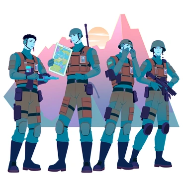 A group of scout regiment soldiers, each wearing tactical gear in shades of green and brown, stands in formation as the first light of dawn breaks over the horizon. The soldiers are equipped with advanced communication devices and lightweight weapons, ready for their mission. A rugged, mountainous landscape is visible in the background, with the sky painted in hues of orange and pink. One soldier is checking a high-tech map on a digital device, while another is adjusting their helmet, focusing intently on the task ahead. The atmosphere is tense yet determined, as the soldiers prepare for the challenges they will face.