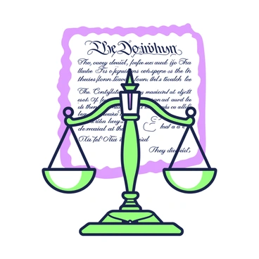 A balanced scale is positioned at the center of the image. The scale's pans are evenly aligned, symbolizing fairness and justice. The scale is depicted in intricate detail, with a decorative base and two equal weights hanging from the pans. Behind the scale, there is a representation of the U.S. Constitution, with visible text and ornate borders. The Constitution is displayed open, showcasing its foundational phrases and text. The overall composition conveys a strong sense of justice and governance.