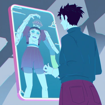 A character with medium skin tone and short, messy hair stares intently into a warped mirror. The mirror's reflective surface is distorted, creating an eerie, unsettling image of a terrifying alternate version of themselves. This alternate version features exaggerated features, including elongated limbs and glowing, menacing eyes. The character stands in a dimly lit room with shadows creeping along the walls, adding to the surreal atmosphere. Their expression is a mix of fear and disbelief as they confront this distorted reflection.