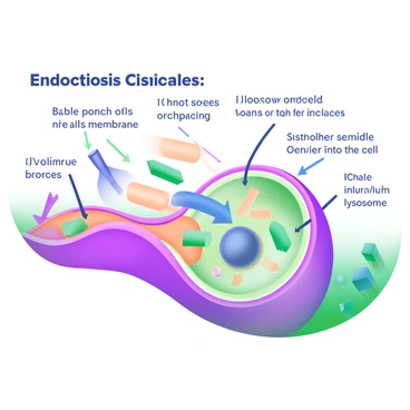 A modern pastel illustration depicting the entire process of "endocytosis". The image shows a cell membrane with a small indentation where a vesicle is beginning to form. Surrounding the vesicle, there are arrows indicating the movement of substances being engulfed. A series of steps visually represented include the vesicle pinching off from the membrane, followed by the vesicle traveling into the cell. As the vesicle approaches the interior of the cell, it is shown fusing with an organelle, like a lysosome. Each stage of the process is clearly labeled with concise descriptions, and the cell's surrounding environment is illustrated with various cellular components, creating a comprehensive visual narrative of endocytosis.