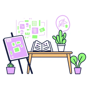 A cozy corner features a small table made of wood, positioned in the center. On top of the table, there are several green plants in pots, adding a natural touch to the scene. A sketchbook is open, displaying various artistic ideas and illustrations. Next to the table, an illustration board leans against the wall, filled with pinned drawings and notes. The overall arrangement creates an inviting atmosphere perfect for creative work.