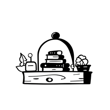 A cloche dome encasing a small stack of books placed on a rustic wooden shelf. The books are stacked haphazardly, with varying sizes and textures. The wooden shelf displays a weathered appearance, showcasing knots and imperfections in the grain. Shadows are cast from the dome and the books, adding depth to the scene. There are small decorative elements, such as a vintage candle and a potted plant, positioned beside the cloche on the shelf.