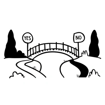 A bridge splits into two narrow paths, one path is labeled "Yes" and the other is labeled "No". The bridge itself has wooden planks and metal railings, while the narrow paths on either side are bordered by grass and small rocks. The surrounding area features trees and bushes, creating a natural setting. The labels "Yes" and "No" are prominently displayed on signposts at the start of each path, clearly indicating the directions.