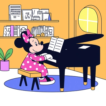 Minnie Mouse is sitting at a classic black piano in a cozy music room. She is wearing her signature red polka dot dress with a matching bow on her head. The piano has polished wood accents and is adorned with a few scattered sheet music pages. The music room has warm wooden walls and a plush rug underfoot. Shelves lining the walls are filled with more sheet music and various musical instruments. A soft, golden light filters in through a small window, illuminating the scene.