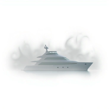 A motor yacht, sleek and modern in design, emerges from a thick, swirling fog. The yacht's silhouette is prominently featured, showcasing its streamlined hull and elevated bridge. The fog envelops the surrounding water, creating a sense of mystery as it obscures the details of the environment. Wisps of fog curl around the yacht, enhancing the dramatic atmosphere. The water reflects the faint outlines of the yacht, contributing to the overall enigmatic scene.