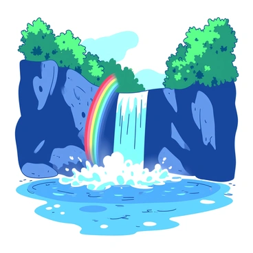 A vibrant blue waterfall cascades down rocky cliffs, surrounded by lush green forests. The water splashes into a clear pool below, creating mist that rises into the air. A colorful rainbow arcs gracefully through the mist, contrasting against the greenery of the dense trees that frame the scene. The sunlight sparkles on the water's surface, enhancing the vividness of the rainbow.