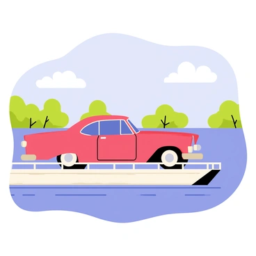 A classic car with a shiny red exterior is parked on a ferry. The ferry features a white and blue color scheme with safety rails along the sides. The calm river reflects the blue sky and fluffy white clouds. The car is facing towards the driver's side, and the riverbanks are lined with green trees. The ferry is mid-crossing, with gentle ripples in the water indicating its movement. The scene captures a sense of tranquility in a picturesque environment.