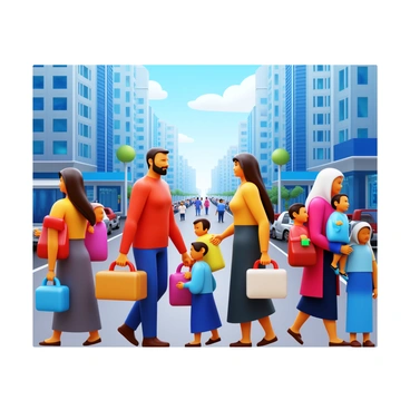 A group of migrant families, with men, women, and children, is seen arriving in a bustling new city. The families are carrying various bags and belongings, showcasing a diversity of cultures with traditional clothing and accessories. The background features tall city buildings and busy streets filled with people and vehicles. Some families are holding hands, while others are looking around, taking in their new surroundings. A sense of hope and resilience is palpable among the group as they embark on this new journey together.