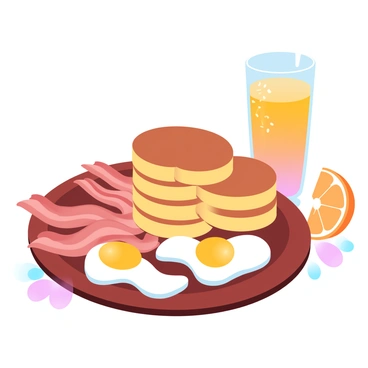 A large wooden plate is filled with golden-brown pancakes stacked neatly. Crispy strips of bacon are arranged beside the pancakes, glistening with a hint of sheen. Two eggs are cooked sunny-side up, their yolks bright and vibrant. A tall glass of orange juice is placed nearby, sparkling with condensation. Fresh slices of orange are garnished next to the glass, adding a pop of color to the scene.