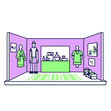 An exhibit space is filled with various artifacts and historical items from different world cultures. In the center, there is a large display case featuring a collection of ancient pottery with intricate designs. To the left, there are several mannequins dressed in traditional clothing from several cultures, each showcasing unique patterns and textures. On the right wall, there are framed art pieces depicting scenes from historical events, each with a descriptive plaque underneath. The floor is adorned with a patterned rug that complements the colors of the artifacts, creating a cohesive look throughout the exhibit.