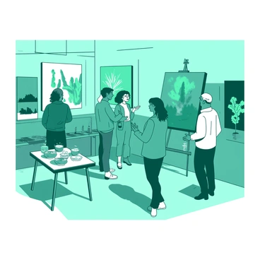 A teal art exhibition reception is filled with visitors admiring various paintings displayed on the walls. The room is well-lit, highlighting the vibrant colors of the artwork. Some visitors are standing in front of a large canvas, intently studying the brushstrokes. In one corner, two artists are engaged in a conversation about their work, one gesturing animatedly while the other listens attentively. There are tables with refreshments scattered throughout the space, and a few small sculptures placed strategically around the room, adding visual interest. The atmosphere is lively with the sound of soft chatter and clinking glasses.