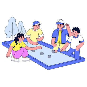 A group of four players is huddled closely around a petanque court. The players are wearing casual sports attire, with some in light t-shirts and shorts while others wear a cap. They are engaged in a serious discussion, pointing at the gravel surface of the court where metallic petanque balls are scattered. The players display various expressions of concentration and determination. In the background, there are trees and a small bench, adding to the outdoor atmosphere of the scene.