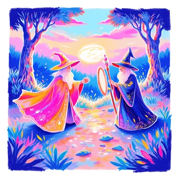 Two wizards engaged in a magical duel, casting spells in a fantasy comic scene