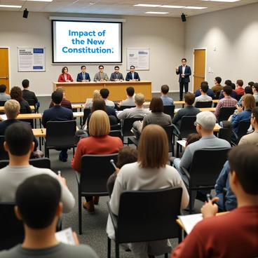 A town hall meeting taking place in a large, well-lit community center with rows of chairs filled with diverse citizens. The attendees include men and women of various ages, some holding papers and pens, while others listen intently. A long table at the front features a panel of local leaders, including a middle-aged woman in glasses, a young man in a suit, and an elderly gentleman with a microphone. A projector screen in the background displays the words "Impact of the New Constitution." The atmosphere is one of engagement and dialogue, as people raise their hands to contribute to the discussion. The walls are adorned with posters about civic duty and community involvement.