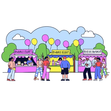 A lively festival scene featuring several booths adorned with colorful banners. Each booth showcases various rhubarb treats, including pies, jams, and drinks. There are decorative signs with “Rhubarb Delights” and “Fresh Rhubarb” written in bold letters. People of different ages are seen sampling the treats and chatting with the vendors. Some visitors are carrying bags filled with rhubarb products. Brightly colored balloons float above the booths, adding to the festive atmosphere. A backdrop of green trees and clear blue skies enhances the cheerful vibe of the festival.