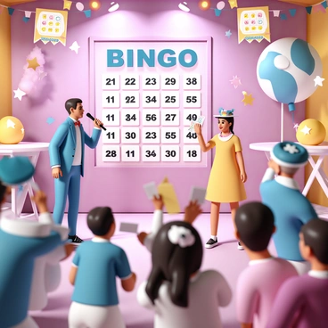 A stage setup with bright, colorful lights illuminating the scene. In the center, a large bingo board with numbers displayed prominently. Several actors, wearing vibrant costumes, are engaging with the audience. One actor, dressed in a blue suit and a red bowtie, is holding a microphone and enthusiastically calling out numbers. Another actor, wearing a yellow dress and a playful hat, is moving through the audience, handing out bingo cards. The audience is actively participating, with some members raising their cards excitedly. Decorations around the stage include oversized bingo balls and playful banners.