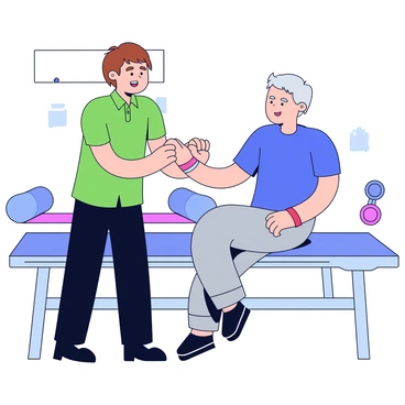 A physical therapist stands beside a patient in a bright clinic. The therapist has short brown hair and is wearing a green polo shirt and black pants. The patient, seated on a treatment table, is a middle-aged man with short gray hair, wearing a blue t-shirt and gray sweatpants. The therapist is demonstrating a wrist exercise, holding the patient’s wrist gently with one hand while pointing to a wrist band with the other hand. In the background, there are exercise mats and therapy equipment visible, including resistance bands and weights.