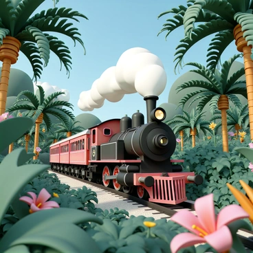 A vintage steam train, with a shiny black locomotive and bright red carriages, is winding its way through a dense tropical jungle. The train is billowing white steam from its stack, contrasting with the vibrant green foliage surrounding it. Lush palm trees with large fronds line the track, and colorful exotic flowers peek through the thick underbrush. Vines drape down from the trees, and a clear blue sky is visible through the gaps in the canopy above, creating a picturesque backdrop for the scene.