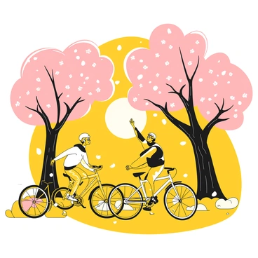 Two cyclists riding hybrid bikes along a path, surrounded by a dense canopy of cherry blossoms in full bloom. The cyclists are wearing helmets and casual attire, with one cyclist waving while the other smiles. Petals from the cherry blossoms are gently falling around them. The sun filters through the branches, creating dappled light on the ground, highlighting the vibrant pink of the blossoms against the backdrop of the bikes.