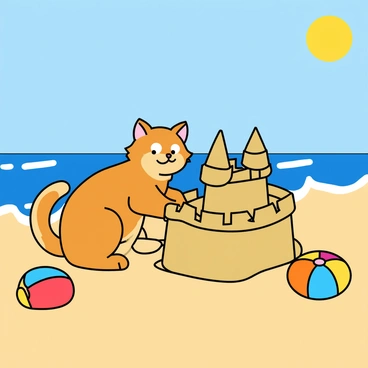 A small cat with fluffy fur and bright eyes is sitting on a sandy beach, focusing intently on building a sandcastle. The sandcastle is intricately shaped, with towers and a wide moat surrounding it. The cat has its paws in the sand, sculpting the castle with great concentration. Nearby, there is a small colorful beach ball resting on the sand, adding a playful element to the scene. The sun is shining brightly in the clear blue sky, and the ocean waves can be seen gently lapping at the shoreline in the background.