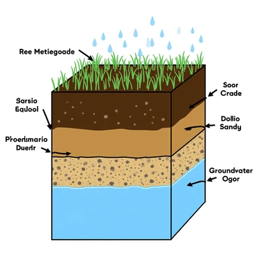 A detailed cross-section view of soil layers illustrating the process of rainwater infiltration. The top layer consists of dark brown topsoil filled with small plants and grass blades. Below it, there is a lighter brown subsoil layer, showing small rocks and minerals embedded within it. Further down, the layers transition to a rocky and sandy layer, where the texture is rough and gritty. At the very bottom, there is a clear blue layer representing groundwater. Droplets of rainwater are depicted as they fall onto the topsoil and trickle down through each layer, with arrows indicating the direction of the water movement. Each layer is labeled clearly, highlighting their names and characteristics.