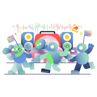A group of T-cells with varying shades of blue and green are gathered in a vibrant setting, enjoying a lively dance party. Each T-cell has a spherical shape with distinctive surface proteins, depicted in different shades and patterns. Some T-cells are dancing energetically, with animated limbs extending outward, while others are clapping or swaying to the music. Colorful disco lights in red, yellow, and purple are illuminating the scene, casting playful reflections on their surfaces. In the background, there is a large stereo system with colorful sound waves pulsating, enhancing the festive atmosphere. A few T-cells are waving flags with vibrant designs, adding to the celebratory mood of the party.