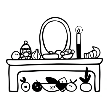 A traditional Haft-Sin table set with various symbolic items arranged neatly. The table features a mirror reflecting the surroundings, along with seven specific items including "sabzeh" (sprouted wheat), "senjed" (dried fruit), "serkeh" (vinegar), "samanu" (sweet pudding), "seer" (garlic), "somāq" (sumac), and "serkeh" (apple). Additional decorative elements like painted eggs, goldfish in a bowl, and a single lit candle add to the scene. An old photograph texture gives the image a sense of age, enhancing the atmosphere of history and nostalgia.
