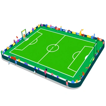 An aerial view of a kabaddi field shows a rectangular shape with bright green grass. The field is divided into two halves by a white center line. Each half features distinct markings in white, such as the bonus line and the mid-line. Colorful team logos are prominently displayed at each end of the field, with vibrant hues like red, blue, and yellow. The surrounding area is filled with spectators, some waving flags, creating a lively atmosphere. The sun casts sharp shadows, highlighting the details of the field and the markings.