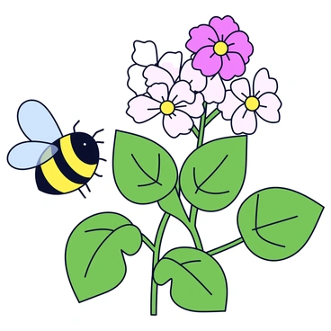 A bumblebee with a plump body and fuzzy yellow and black stripes is hovering in front of vibrant flowers of a sweet bean plant. The flowers have delicate petals that are pink and white, arranged in a cluster. The bumblebee's wings are transparent and catching the light as it hovers. The sweet bean plant has lush green leaves that provide a backdrop for the colorful flowers.