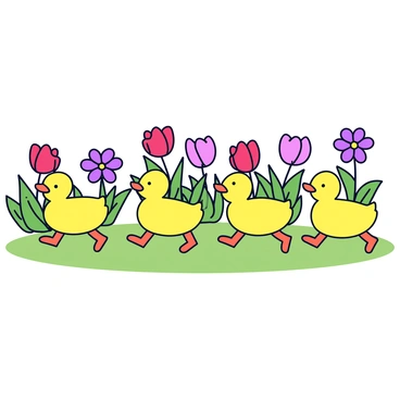 A line of ducklings with soft yellow feathers waddling in a single file. Each duckling has a rounded body and small webbed feet. The garden is filled with colorful blooming flowers, including red tulips and purple daisies, creating a vibrant backdrop. Green leaves surround the flowers, adding a refreshing touch to the scene. The ground is covered with soft green grass, providing a gentle pathway for the ducklings.