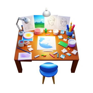 A cluttered desk filled with various art supplies, including paint tubes, brushes, and sketchbooks. There are several illustrations in progress, showcasing different styles and subjects, such as a landscape, a portrait, and abstract designs. Scattered around the desk are crumpled papers and colorful markers, creating a vibrant and busy atmosphere. A desk lamp casts light over the workspace, highlighting the creative chaos.