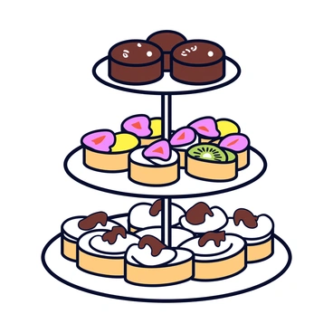 A three-tiered platter with three distinct levels. Each level is filled with an assortment of miniature tortes. The top tier features small chocolate tortes with a glossy ganache topping. The middle tier showcases vibrant fruit-flavored tortes decorated with slices of strawberries and kiwi. The bottom tier consists of vanilla tortes adorned with delicate whipped cream and chocolate shavings. The platter is placed on a smooth white surface, highlighting the colorful tortes.