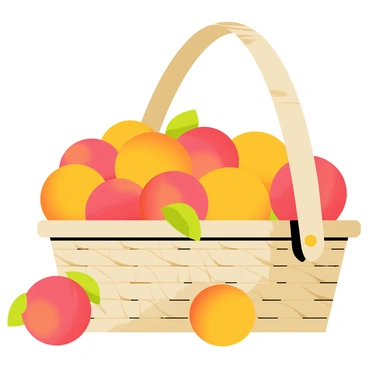 A woven basket positioned on a wooden table, overflowing with a bounty of fresh peaches. The peaches vary in shades of yellow and orange, with some displaying a rosy blush on their skin. The basket is crafted with intricate patterns, showcasing the natural fibers. A few peaches spill over the edge of the basket, resting on the table surface. The scene is illuminated by soft, warm light, creating gentle shadows around the basket and highlighting the texture of the peaches.