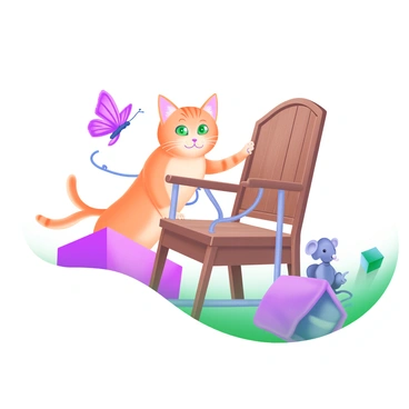 A whimsical scene featuring a curious orange tabby cat with green eyes, inspecting a vintage electric chair. The electric chair is detailed with wood and metal components, set against a pastel-colored background. The cat is standing on its hind legs, leaning forward with its front paws resting on the armrests of the chair. Surrounding the scene are playful elements like a butterfly fluttering nearby and a small mouse peeking out from behind a nearby object, adding to the sense of curiosity.