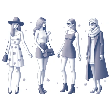 A collection of four fashion figures representing each season. In the spring section, a figure is wearing a light, flowing dress adorned with floral patterns, complemented by a wide-brimmed hat. The summer figure is dressed in a sleeveless top and shorts, accessorized with sunglasses and a beach bag. For autumn, a figure showcases a cozy sweater paired with stylish boots, surrounded by falling leaves. The winter figure is wrapped in a long coat, wearing a knitted scarf and gloves, with snowflakes gently falling around. Each figure stands in a separate quadrant, emphasizing their seasonal attire.