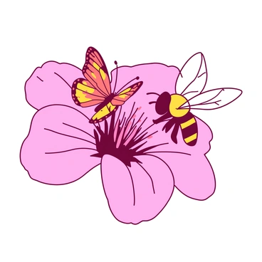 A yellow bee is hovering near a pink blossom, its wings delicately fluttering in the air. The bee is positioned on the right side of the flower. On the left side, a colorful butterfly with orange and black patterns rests on the vibrant petals. The blossom is large, showcasing shades of pink, and its stamen extends outward, inviting both insects. The bee and butterfly are closely interacting, creating a picturesque moment of nature.