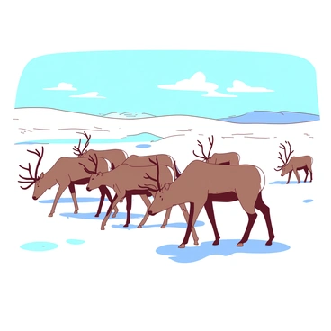 A group of caribou with brown fur is migrating across a vast expanse of snowy tundra. The caribou are in various poses, some grazing while others are walking with their heads held high. The snow-covered ground reflects the sunlight, creating a bright atmosphere. In the background, there is a clear blue sky with a few soft clouds drifting by. The scene captures the movement and unity of the herd as they traverse the pristine landscape.