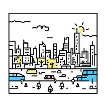 A large rectangular frame, showcasing a bustling cityscape filled with numerous skyscrapers and buildings. The scene includes busy streets with small cars and people walking. There are several trees interspersed among the buildings, adding a touch of greenery. In the sky above, there are a few fluffy clouds, while the sun casts shadows on the structures below. The overall composition emphasizes the depth and activity of the city from a high vantage point.
