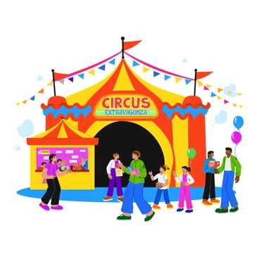 A grand entrance to a circus with bright lights and a ticket booth bustling with people