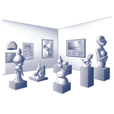 An art gallery interior featuring a variety of sculptures and installations. Each artwork is created using upcycled materials, showcasing innovative designs and textures. Sculptures made from metal scraps are positioned prominently, with intricate details visible in their construction. Installations made from repurposed wood and plastic are arranged throughout the space, creating a dynamic flow. The gallery walls are adorned with information placards detailing the materials and stories behind each piece, enhancing the visitor experience. Bright lighting highlights the textures and forms of the artworks, emphasizing their unique qualities.