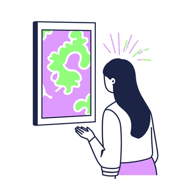 A rectangular mirror is positioned against a white wall, its surface gleaming under soft light. Instead of reflecting a person's physical appearance, the mirror displays an intricate swirl of colors and patterns that symbolize the essence of a soul. The colors are vibrant and dynamic, shifting from deep purples to bright greens, intertwining and creating a mesmerizing effect. In front of the mirror stands a silhouette of a person, their features obscured, gazing intently at the reflection. Wisps of light and shadow emanate from the silhouette, suggesting deep thoughts and emotions that connect with the vivid imagery in the mirror.