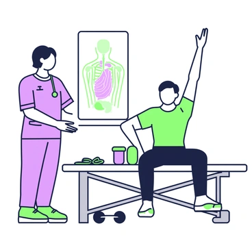 A physiotherapist is guiding a patient through recovery exercises for a rotator cuff injury. The physiotherapist has short hair and is wearing a uniform, demonstrating a stretching motion with her right arm extended. The patient, seated on a therapy bench, is following her guidance with a focused expression, lifting his arm in a similar fashion. Around them, exercise equipment is neatly arranged, including resistance bands and weights. A large poster depicting rotator cuff anatomy hangs on the wall in the background, providing educational context to the scene.