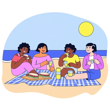 A group of four friends is sitting on a large checkered picnic blanket on the sandy beach. They are enjoying sandwiches, which are displayed on a wooden cutting board. Each sandwich is filled with lettuce, tomato, and slices of turkey. Next to the sandwiches, there is a pitcher of lemonade with ice cubes and lemon slices visible. One friend is pouring lemonade into clear plastic cups, while another friend is laughing and holding a sandwich. The sun is shining brightly in the clear blue sky, and gentle waves can be seen lapping at the shore in the background.