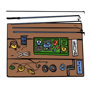 An overhead view of a wooden surface with assorted fishing gear neatly arranged. The scene includes a variety of fishing rods with colorful reels, a tackle box filled with lures and hooks, and several spools of fishing line. There are also a pair of fishing pliers and a measuring tape placed next to the gear. The wood surface has a rustic texture, enhancing the overall appearance of the fishing equipment.
