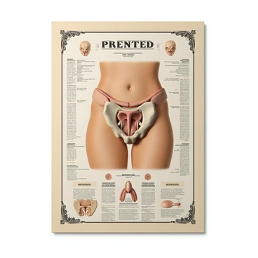 A vintage-style anatomy chart displaying the female pelvis. The chart features detailed illustrations of the pelvic bones, reproductive organs, and surrounding structures. Each anatomical feature is accurately labeled with classic medical terminology in a serif font. The colors used are muted and earthy, giving it an authentic retro appearance. The overall layout is organized and educational, resembling historical medical illustrations. The borders of the chart are elegantly decorated with ornamental designs, enhancing the vintage aesthetic.