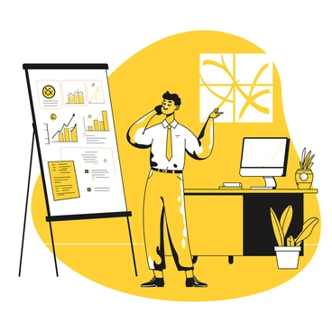 A broker standing in an office, holding a phone to their ear. The broker has short hair and is wearing a formal shirt. They are gesturing animatedly with one hand while pointing toward a whiteboard filled with detailed notes, graphs, and diagrams. The office is equipped with a desk and a computer monitor visible in the background. Sunlight filters through a nearby window, casting shadows across the room.