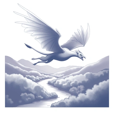 A powerful gryphon with majestic wings and a muscular body is soaring gracefully. Its sharp eyes are focused ahead as it glides effortlessly through the air. Below, a lush valley unfolds, filled with rolling hills and clusters of trees. The valley features a winding river that reflects the sunlight, while patches of dense greenery spread across the landscape. The sky is clear, providing a vast backdrop for the gryphon's flight.